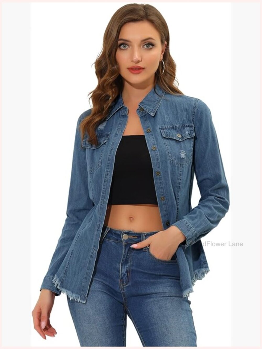 Western Raw Hem Button Down Denim Shirt Long Sleeve